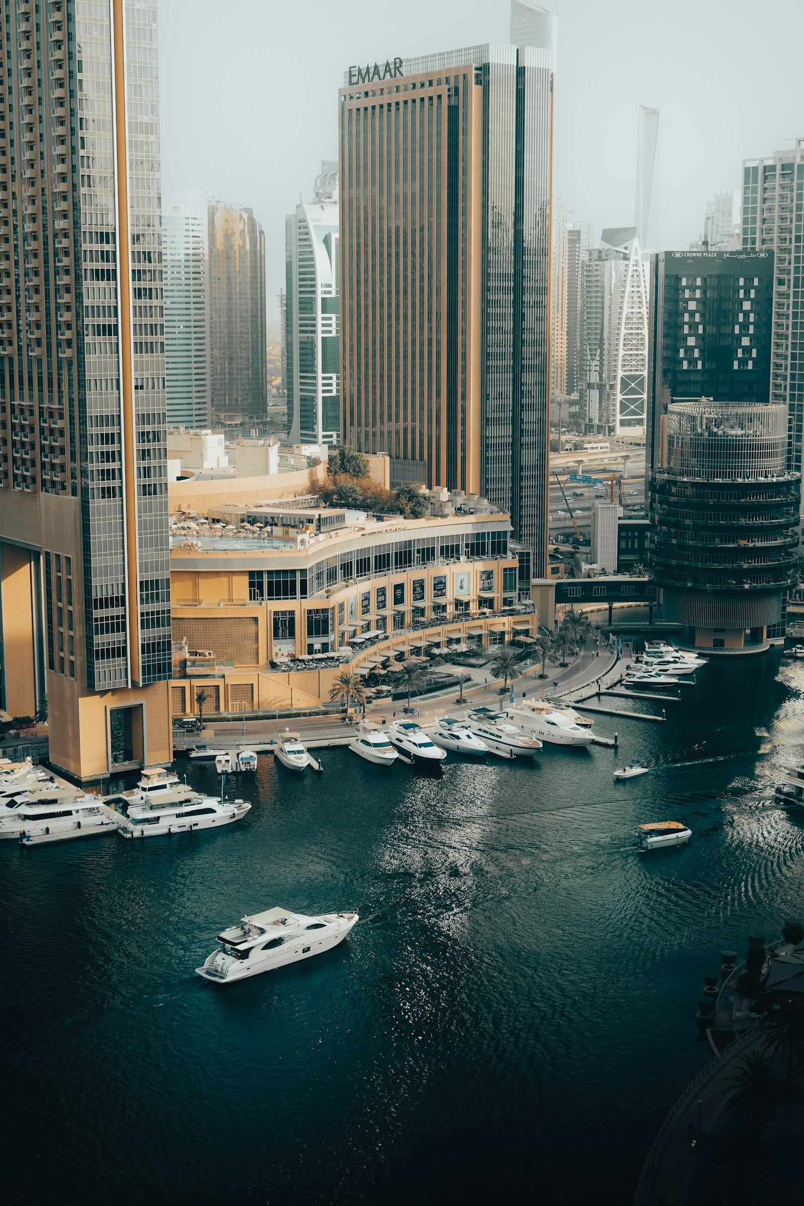 Yachts moored along Dubai Marina.